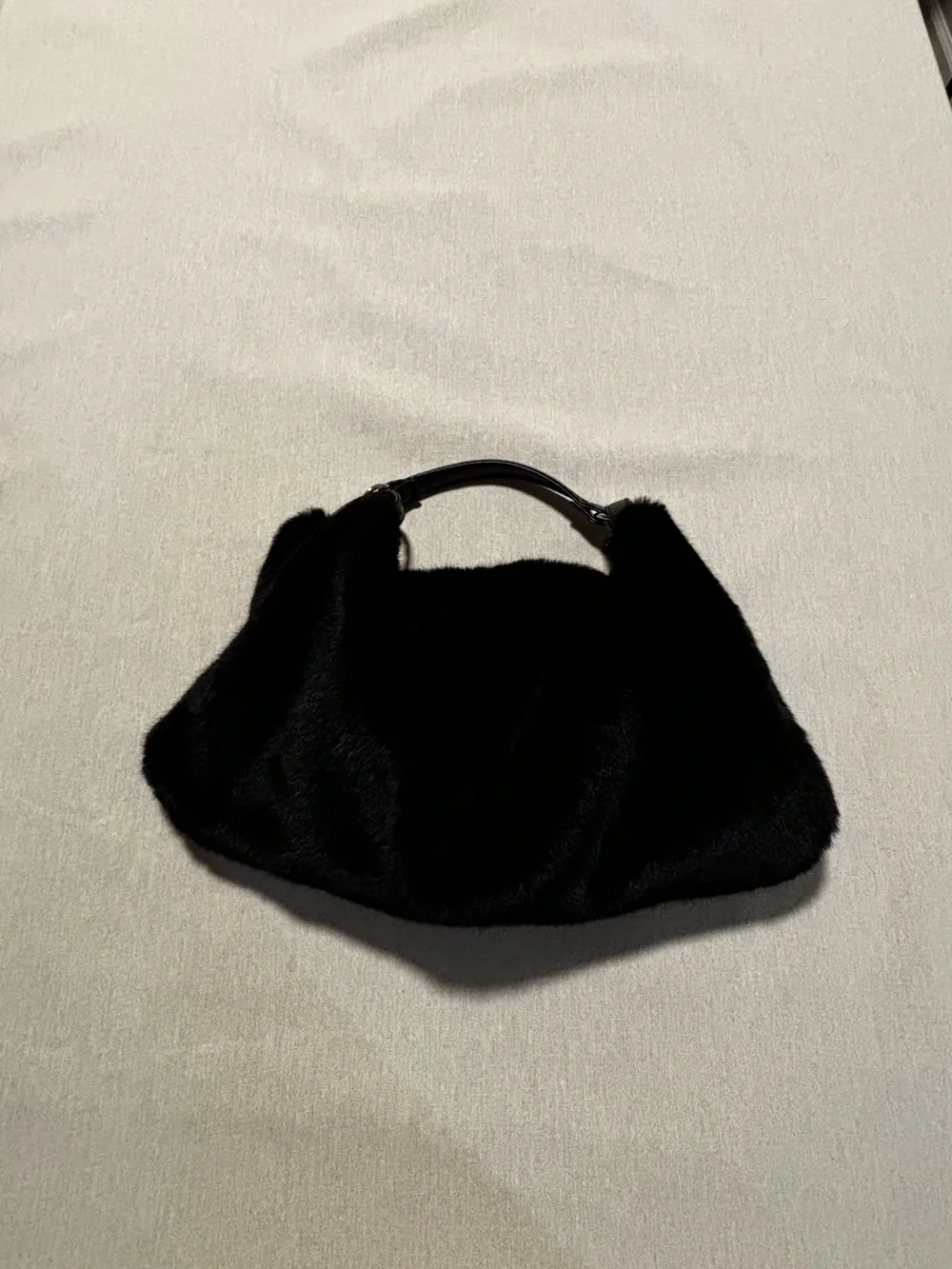 Unbranded. Black Faux Rabbit Convertible Shoulder Bag with Suede Lining